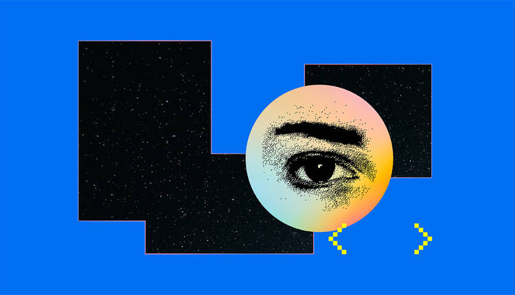 Graphic collage of black rectangles and a closed eye on top of a peach background