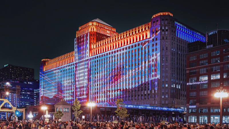 ART projected onto the MART facade at night. Illuminating Public Art.