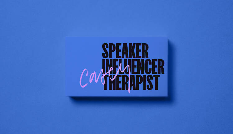 Bright blue business card for Casey. The card reads "Speaker Influencer Therapist" in strong, all-capitalized text.